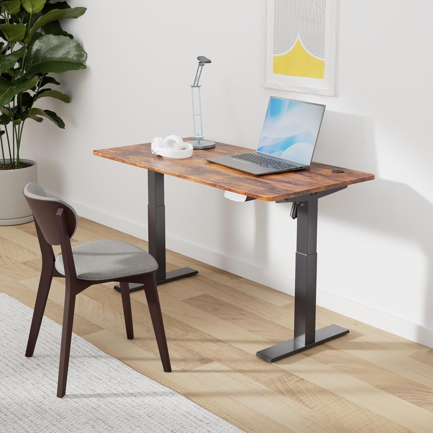 Height Adjustable Electric Standing Desk, 48 X 24 Inches Stand up Table, Sit Stand Home Office Desk with Splice Board, Black Frame/Rustic Brown Top